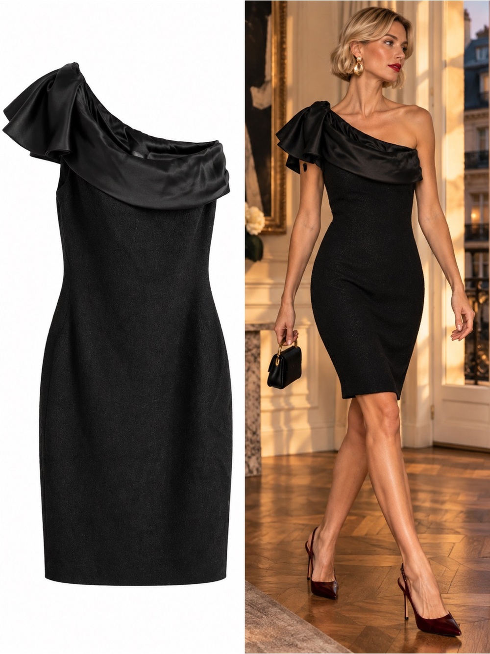 St. John Black Shimmer Knit Satin Ruffle One Shoulder Sheath Dress Size 2